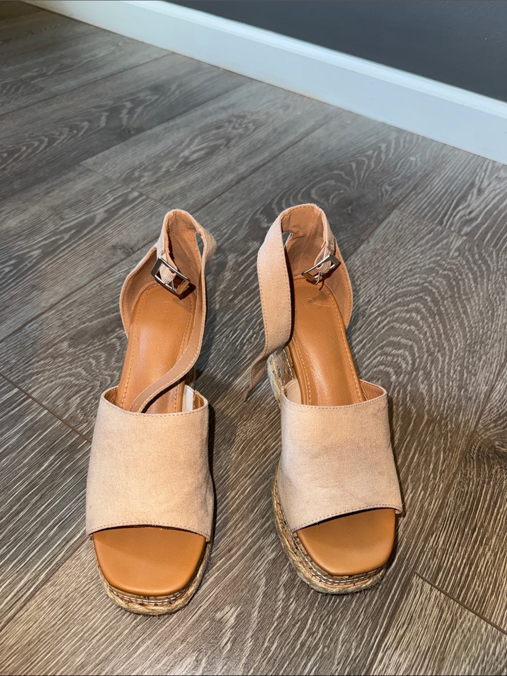Neutral Tan Wedge Espadrille Sandals - Women's Open Toe Ankle Strap